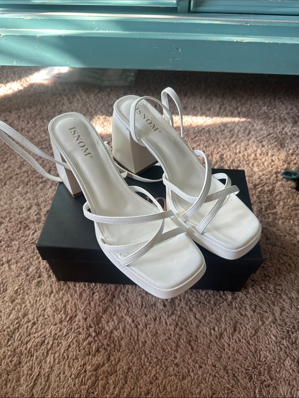 nomi White Strappy Square-Toe Block Heels